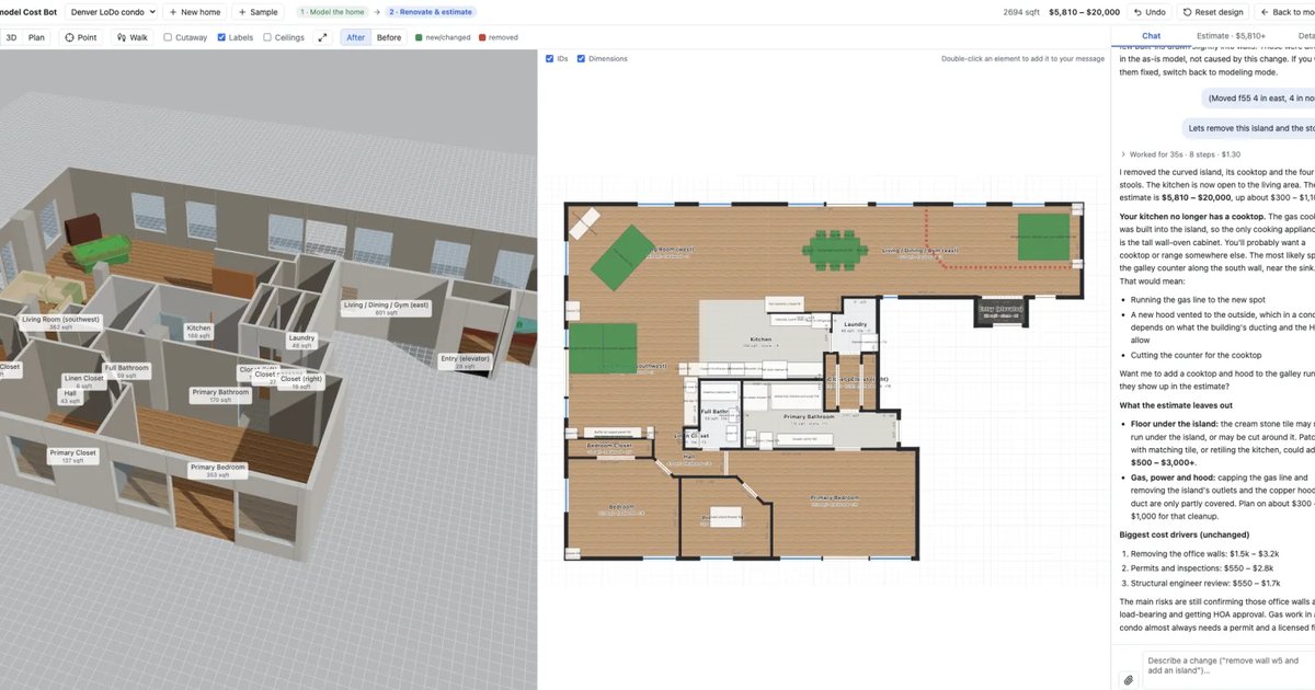 A Denver condo modeled in 3D beside its floor plan, with a chat that removes the kitchen island and updates the estimate